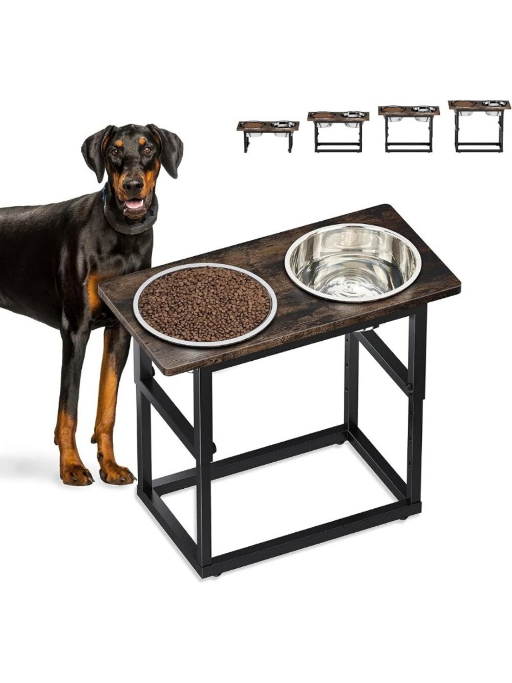 Adjustable Elevated Dog Bowl Stand for Large Breeds, 5 Heights, 2 Stainless